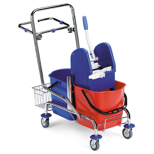 Cleaning trolley with a chrome handle and a holder